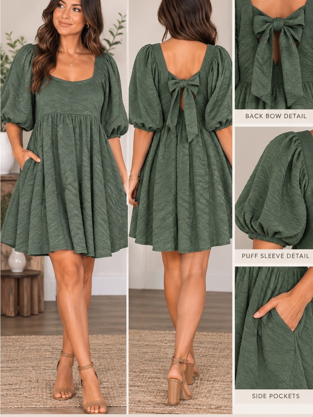 Free People Olive Green Puff Sleeve Tie-Back Mini Dress